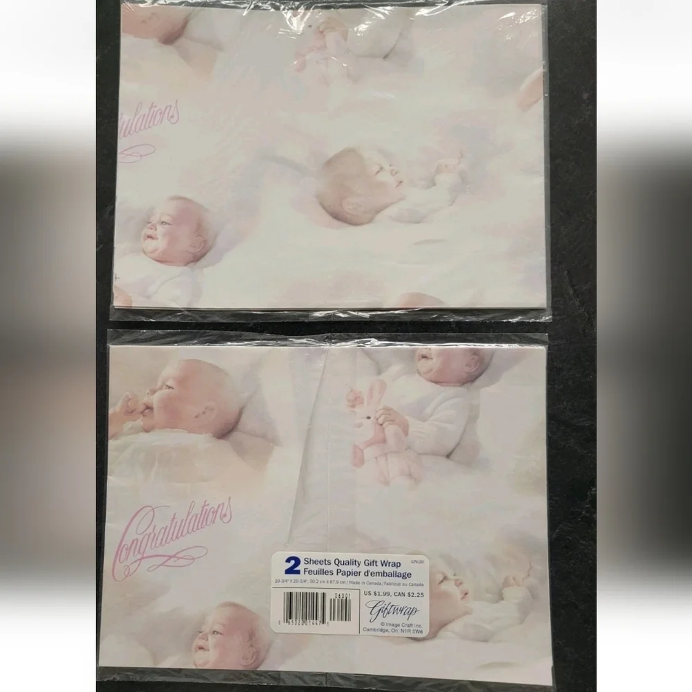 NEW 2 Vintage Congratulations Baby Shower Gift Wrapping Paper Art Deco MCM USA